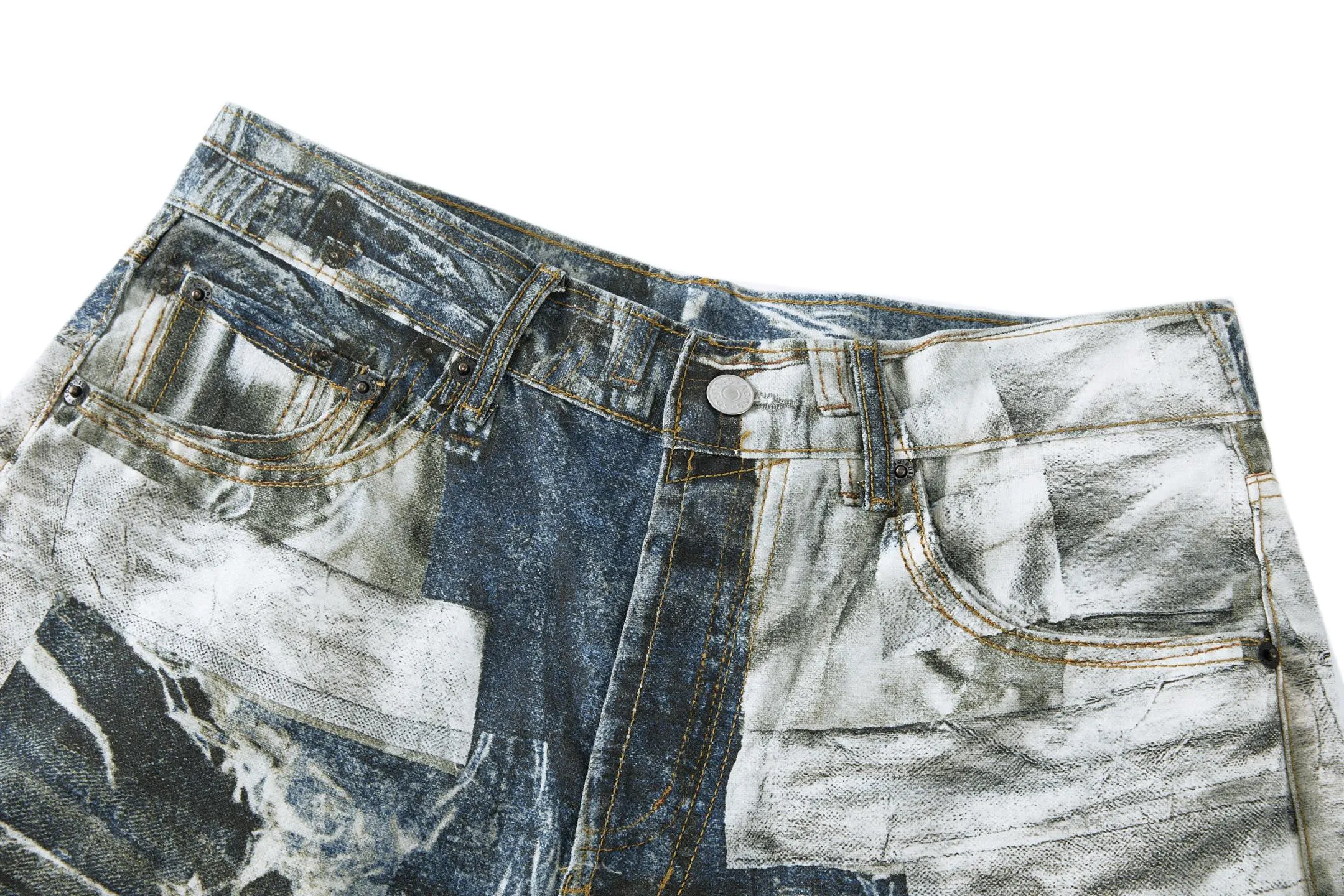 ACN trompe l'oeil print Series denim trousers. Fabric: Made of 12oz 10*7 twill denim pure cotton. Accessories: Buttons are made of electroplated distressed hardware buttons. Technology: Printing adopts 3D direct injection technology, with multiple color combinations to highly restore the original 1:1 effect. Craftsmanship: Chaoyi fried color, 20 pieces per tank customized with the same color and distressed craftsmanship. Craftsmanship: Garment washing, frying, fixing the pattern, fixing the color to add hand feel, etc... This pair of jeans is made of brushed denim, soft to the touch. The seasonal trompe l'oeil print shows floral patterns peeking out from under ripped jeans. These jeans have a relaxed fit with a mid-low rise and wide, loose legs. Accessories: Customized 1:1 washed trademark Accessories: Customized 1:1 electroplated buttons Process: Customized 1:1 illusion printing Size: S-M-L-XL Color: Washed blue Style number: 8886588